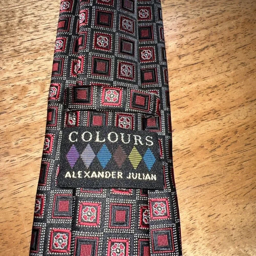 Colours by Alexander Julian Men’s Tie Black Red White Geometric Squares Handmade